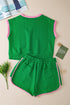 Contrast Trim Cable Textured Shorts Set